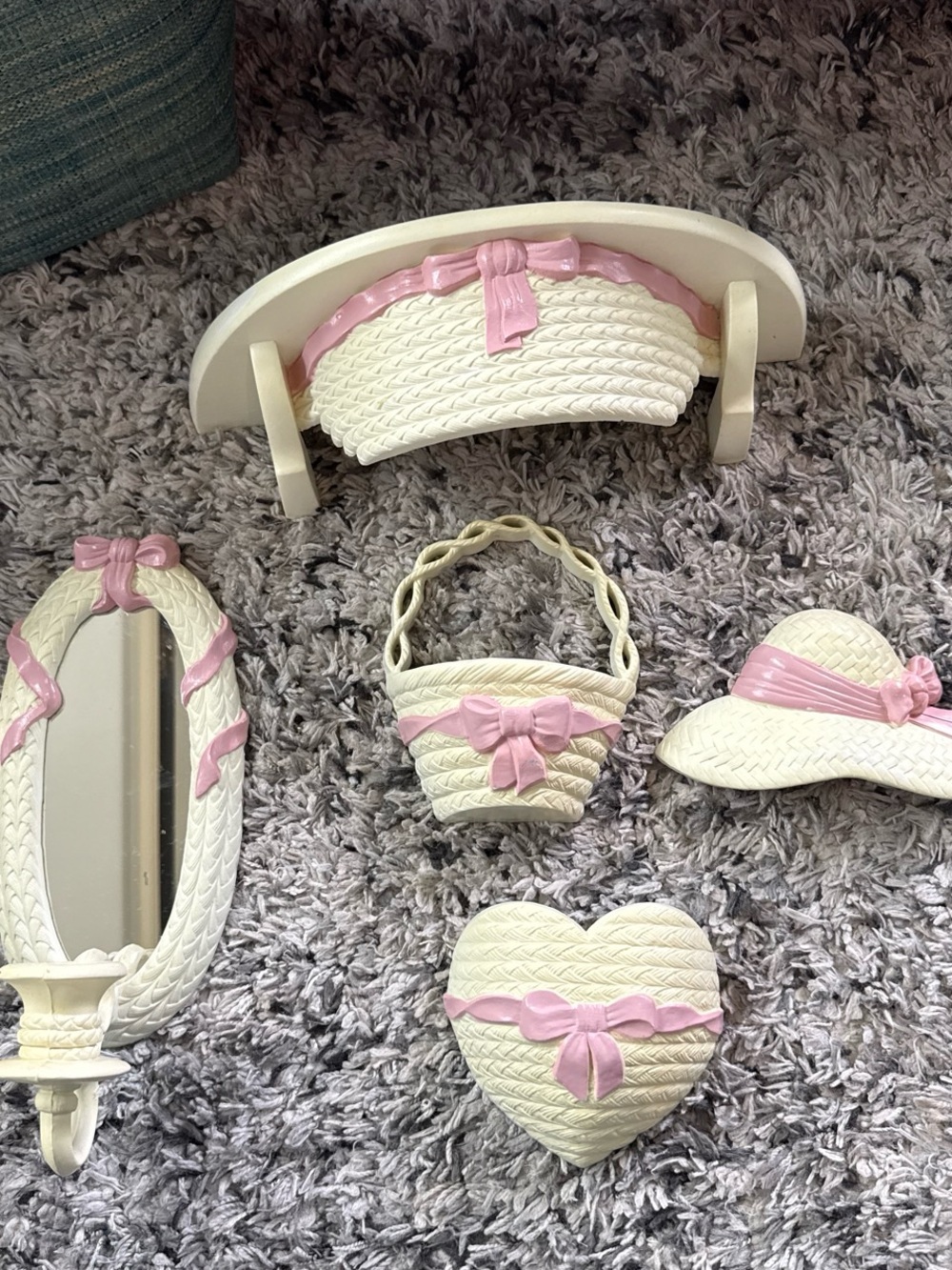 Home Interiors Cream and Pink Basketweave Wall Decor Set